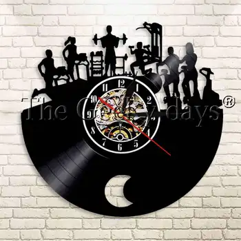

1Piece Gym Room Fitness Equipment Vinyl Record Wall Clock Bodybuilding Workout Wall Hanging Decor Art Silhouette Wall Clock