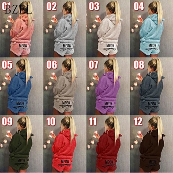 

BZEL 2019 New Autumn Winter Women's Two Piece Set Pajamas Flannel Warm Sleepwear Cute Cat Pattern Hoodies Shorts Out Fit S-3XL