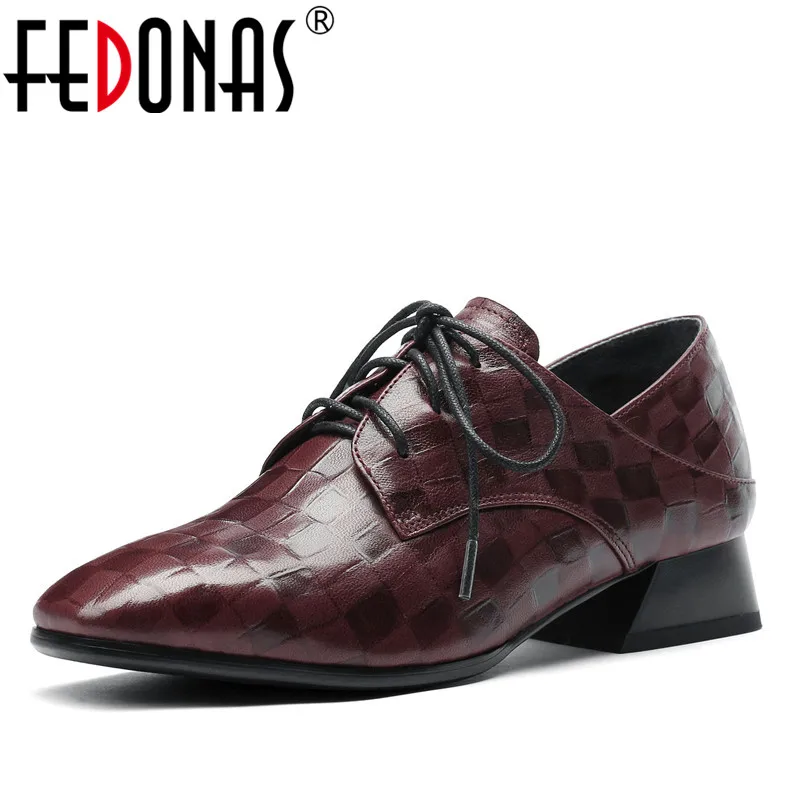 

FEDONAS Women SquareToe Mid Heels Autumn New Sheepskin Leather Shoes Woman Lady Lace Up Party Pumps Female Rome Style Pumps