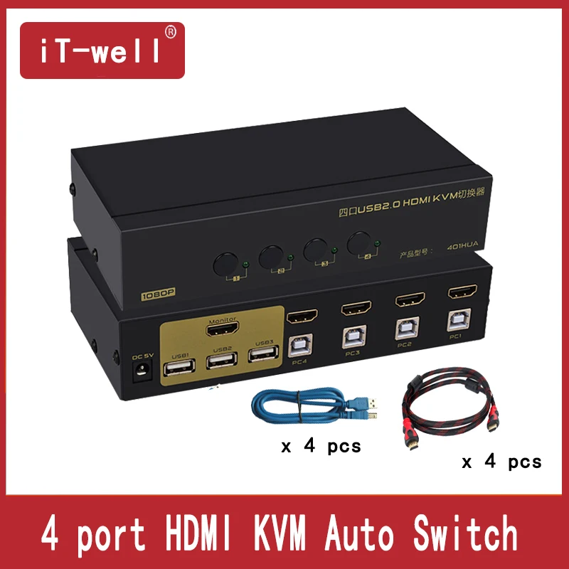  HDMI Switch 4 Port USB KVM Switch 4 computers share a set of keyboard mouse monitor Support Hotkey 