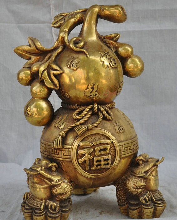 

12" Folk Chinese Brass FengShui 3 Jump Hoptoad Toad Statue Buddhist Fu Gourd
