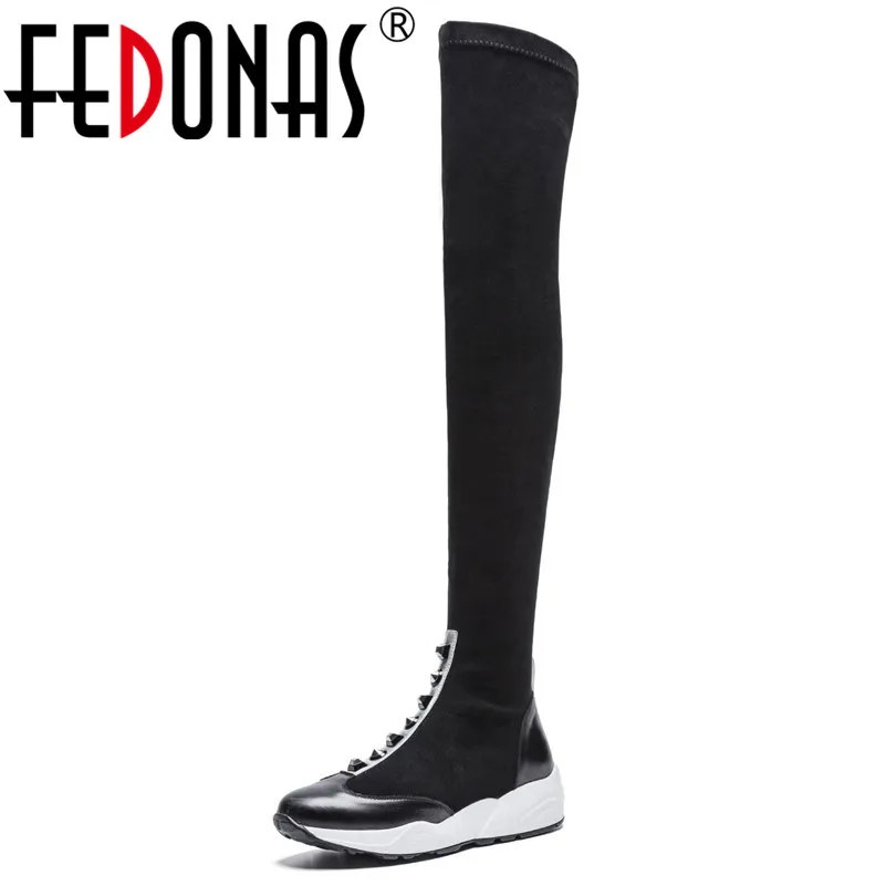 

FEDONAS Brand Over The Knee High Boots For Women Wedges Heels Platforms Long Autumn Winter Shoes Woman Rivets Dancing Boots
