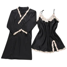 Осенняя Женская Сексуальная Элегантная пижама наборы два кружева края пижамы сплит дизайн V шеи с длинным рукавом сексуальный модный пояс S