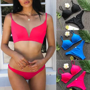 

Women Spaghetti Strap Deep V Neck Crop Top Summer Set Bikini Padded Push-Up Bra Sleeveless Triangle Beach Swimwear Bathing Suit
