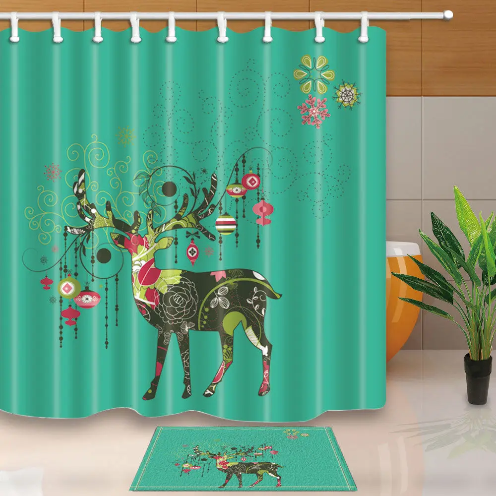Colorful Christmas reindeer Shower Curtain Bathroom Fabric & 12hooks 71*71inchesin Shower