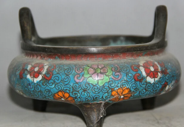

xiuli 002309 6" Marked Chinese Cloisonne Bronze 3 Foot handle flower Incense Burner Censer