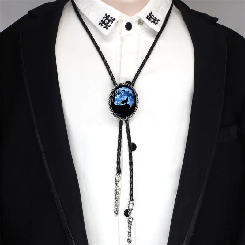 BOLO-0024 New Fairy Howling Wolf Art Oval Bolo Tie Vowboy Hand Craft Slide Western Tie Neck Glass Photo Tie Leather Necklaces