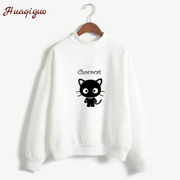 

Autumn Long Sleeve Fleece Hoodies Women Candy-Colored Sweatshirt Fashion Harajuku Kawaii Girls Cartoon Black Cat Print Pullovers