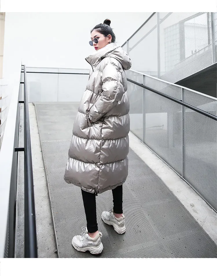 Long Silver Jackets Women Parka Winter Warm Outerwear Fashion Bright Cotton Coat Ladies Winter Loose Down Jacket Thick T399