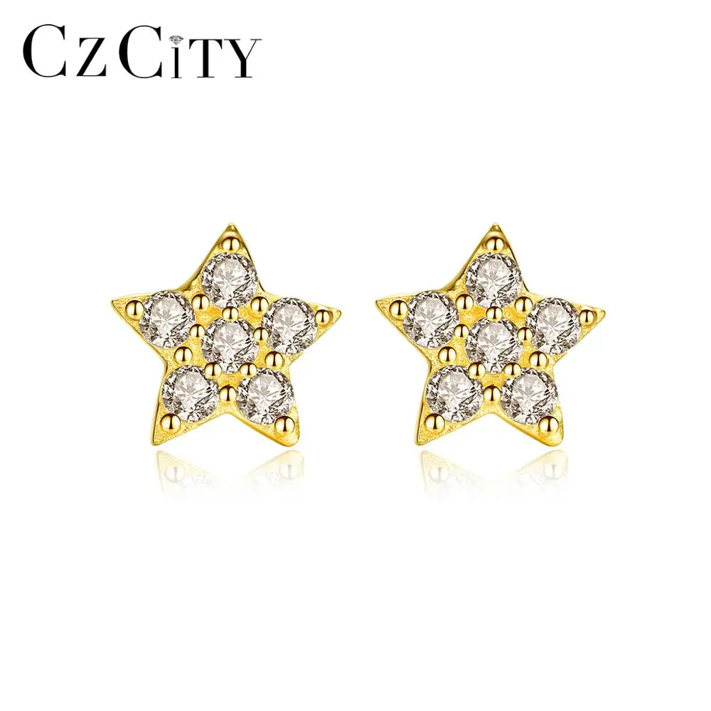 

CZCITY Exquisite Real 14K Gold Small Star Shape Stud Earrings for Women Girls Dating Shiny CZ Cute Brand Fine Jewelry Brincos