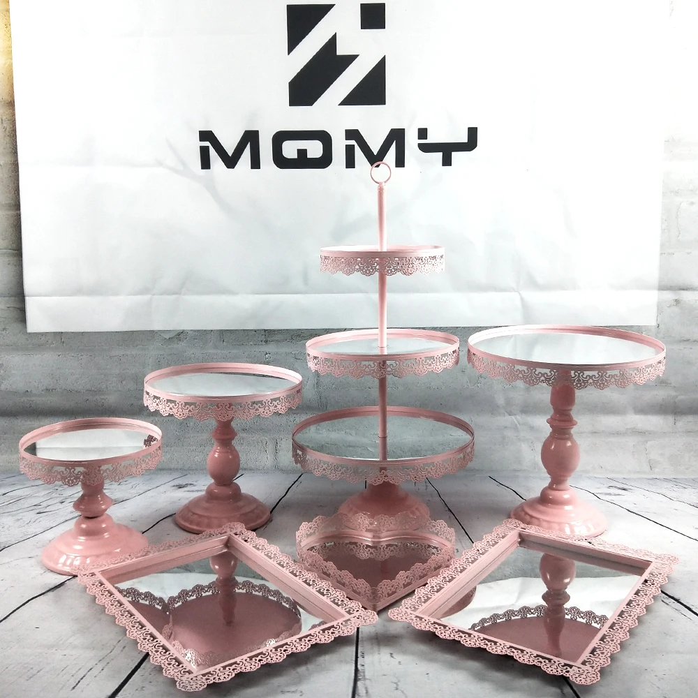 

1pcs-7pcs Set Pink Plated Mirror Cake Stand Round Chrome Metal Wedding Display Pedestal