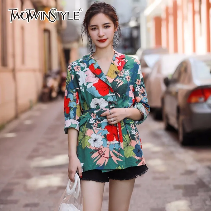 TWOTWINSTYLE Floral Blazer Female Long Sleeve Lace Up