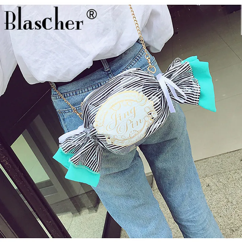 

Blascher New Small Women Bag Wave Summer PVC Plastic Bag Shoulder Slung Super Fire Cute Cartoon Chain Candy Messenger Bag SW09