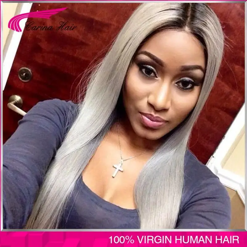100 virgin brazilian glueless ombre grey lace front wig two tone Brazilian gray human hair full
