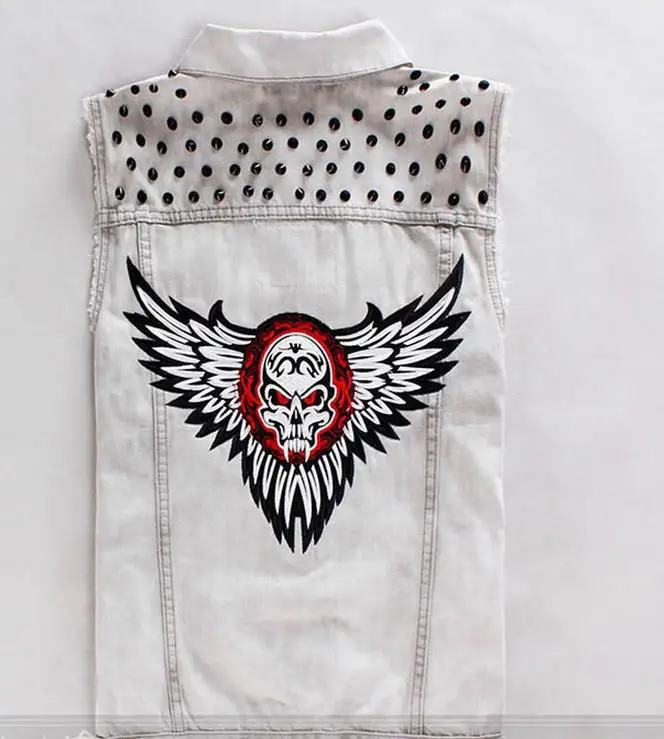 

Young Men Punk Rivet Denim Vest Skeleton Ghost Retro Wing Embroidery Motorcycle Club Classic Biker Vests Slim Fit Waistcoat