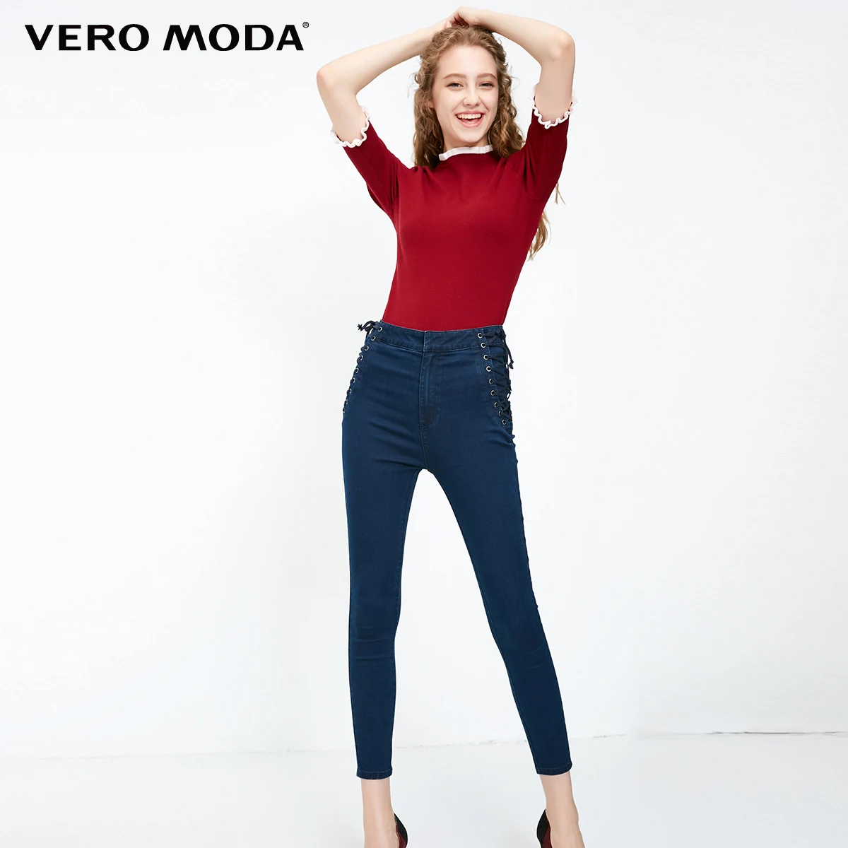 Vero Moda новые женские уличные стильные на шнуровке с высокой талией облегающие укороченные джинсы | 318349562