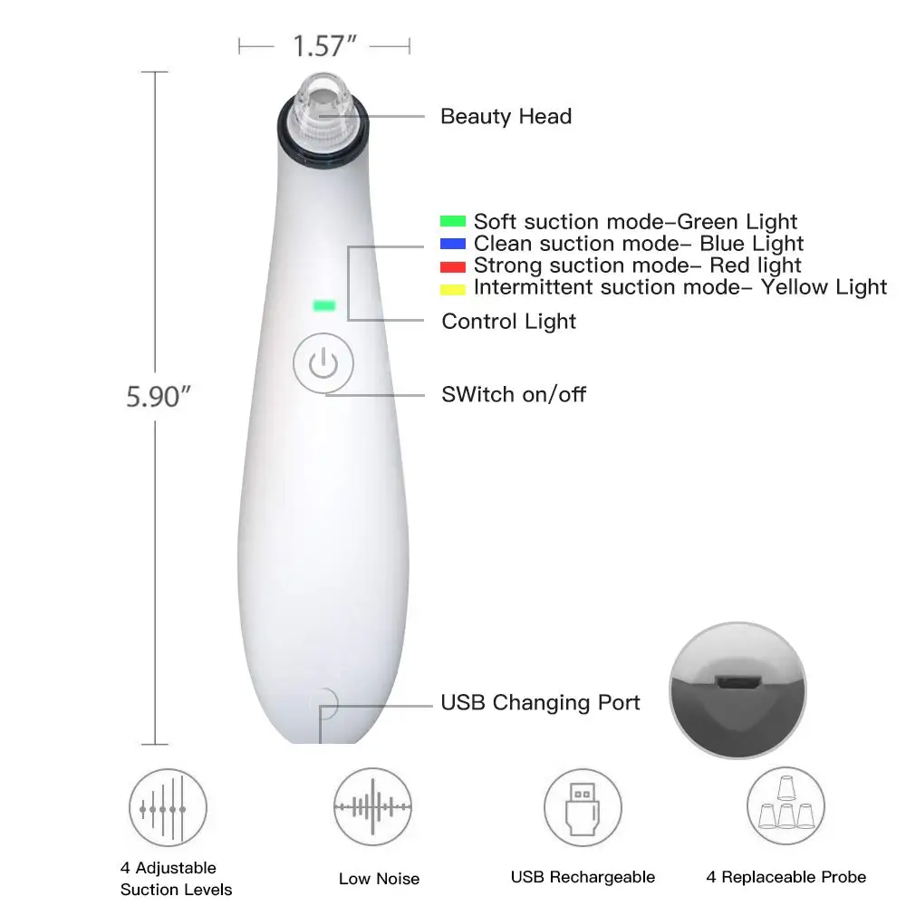 Removedor de Cravo Cuidados com a Pele Ferramenta de Vácuo de Sucção a Vácuo de Remoção de Acne Miqmi Rosto Limpa Poros Pimple Facial Dermoabrasão Diamante 12 MIQMI Removedor de Cravo Rosto Cuidados Com