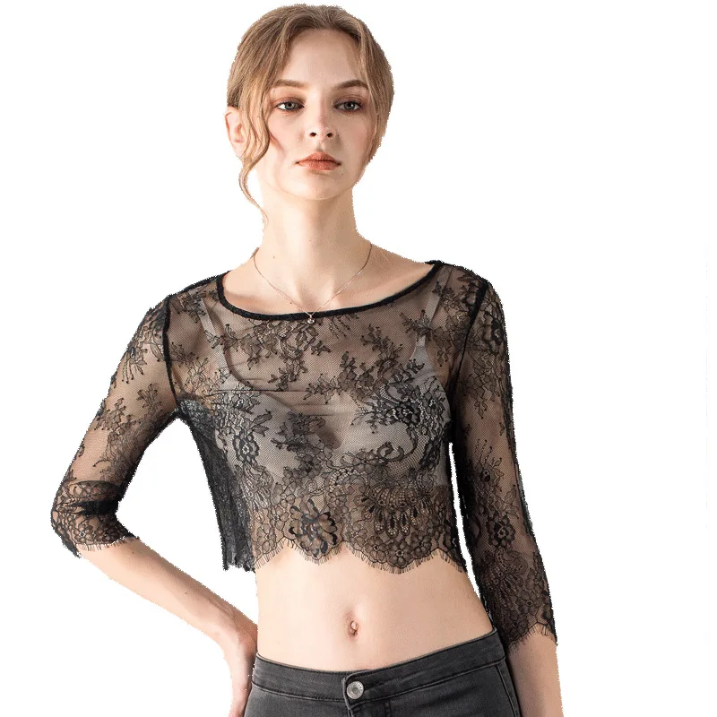 

Hot Crop Top Women Summer Sexy Lace Mesh Tops See-through O-neck Long Sleeve Black Crop Top Women Short Tees Shirt