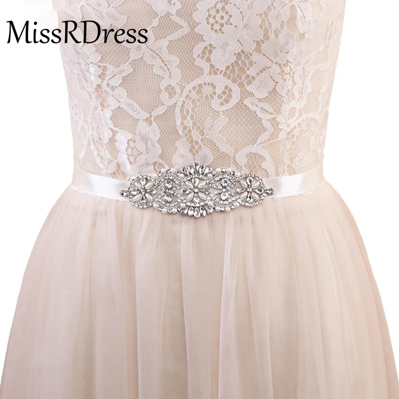 Missrdress Crystal Pearls Bridal Belt Hand Beaded Wedding Belts