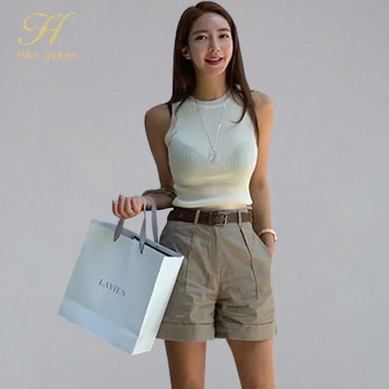 

H Han Queen 2019 Summer New Women's Sexy Sleeveless Knit Casual Pants OL Korean 2-piece Set Suits Drop Shipping
