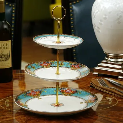 

European ceramic three-layer fruit plate living room creative cake rack bone china dried fruit plate afternoon tea snack tray