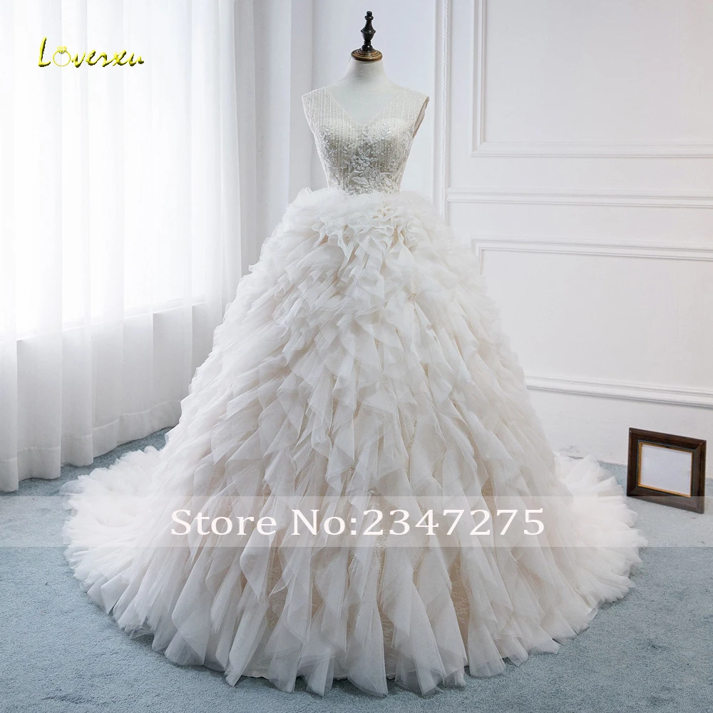 Loverxu Vestido De Noiva кружевное бальное платье с оборками свадебное платье сексуальное, с открытой спиной, вышитое бисером жемчугом корт поезд винтажное свадебное платье