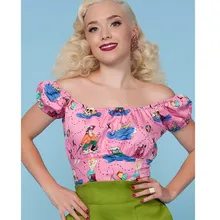 30-Женская винтажная 50 s ретро с открытыми плечами кутюр крестьянский кроп топ в neverland печати pinup плюс размер camisetas boothals рубашка