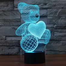 3D иллюзия Лампа сердце и медведи 3D 7 цветов градиент ночник для детей подарок светодиодный визуальный контакт Рождество праздник настольная лампа-деко