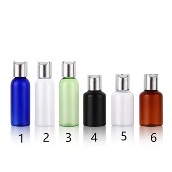 

50ml X 50 small round blue/clear/black empty cosmetic lotion plastic bottles , shower gel PET silver disc top 50CC oil bottles