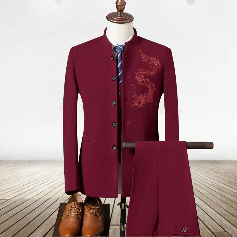 

Men Blazers And Suit Jackets 3-Piece/Set Embroidery Dragon Pattern Wedding Suits for Mens Suits with Pants Black White Navy Red