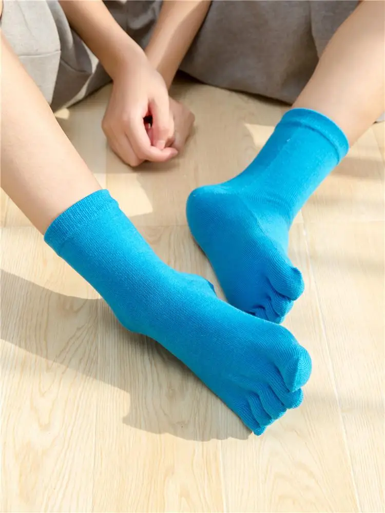 Classic Pure Color Lady Cotton Five Finger Socks 5 Finger Pure Cotton Female Cute Novelty Socks With Separate Toes - Цвет: Синий