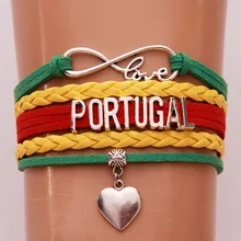 Прямая Бесконечная любовь Национальный флаг Португалия браслет Плетеный Сердце футбольный мяч Шарм кожаные браслеты и браслеты