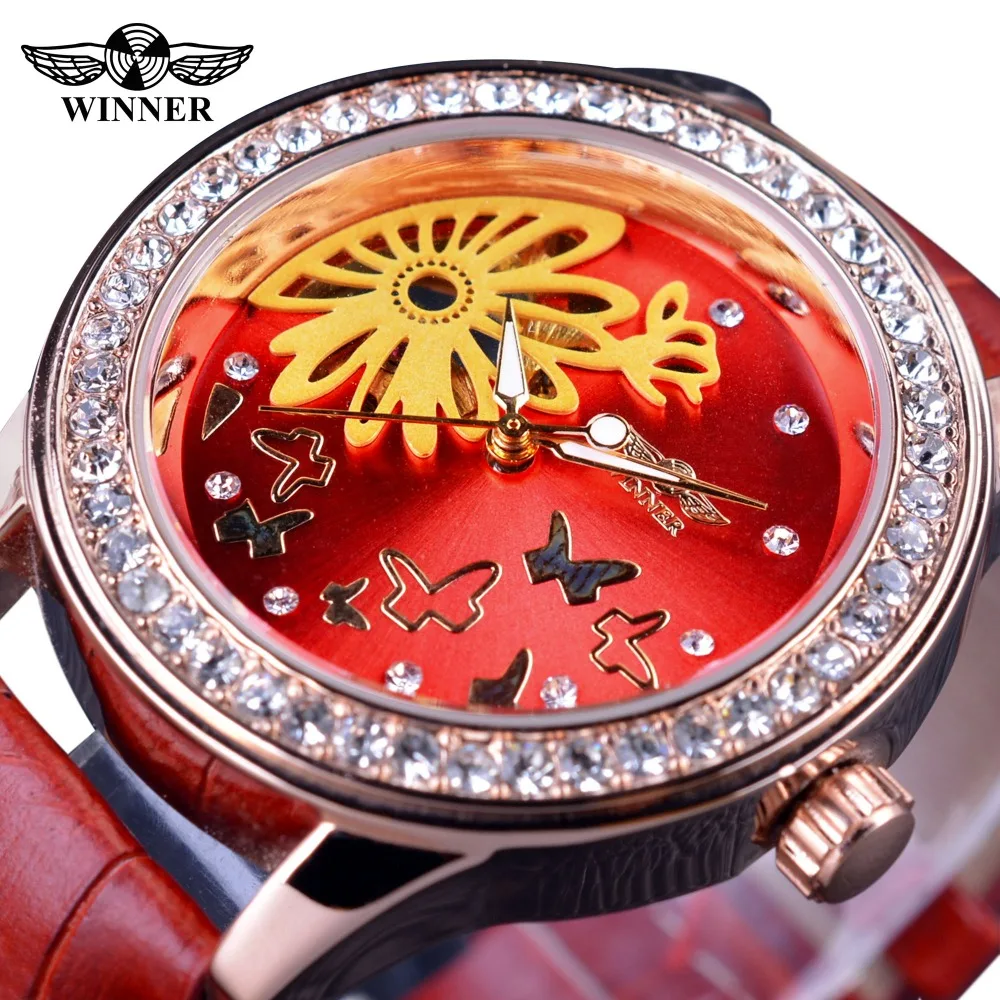 Winner, женские модные повседневные часы, китайский красный бриллиант, прозрачный чехол, женские часы, Лидирующий бренд, механические часы