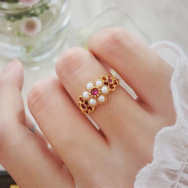 Cute Korean Rhinestone Pearl Metal Flower Rings for Women Adjustable Open Knuckle Rings for