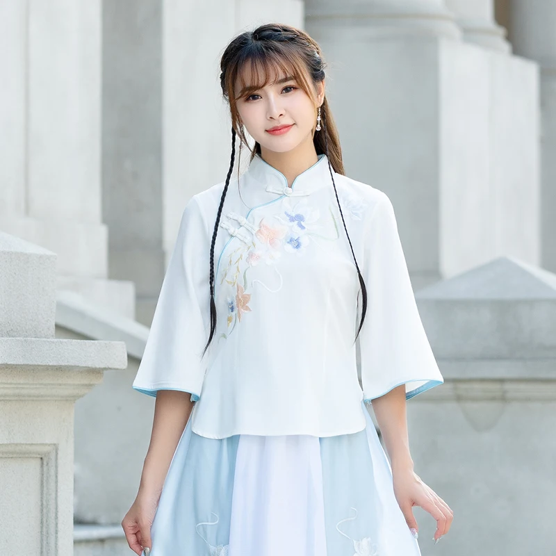 

2019 retro chinese women cheongsam tops dragon phoenix embroidered printed qipao tops traditional classic long sleeves