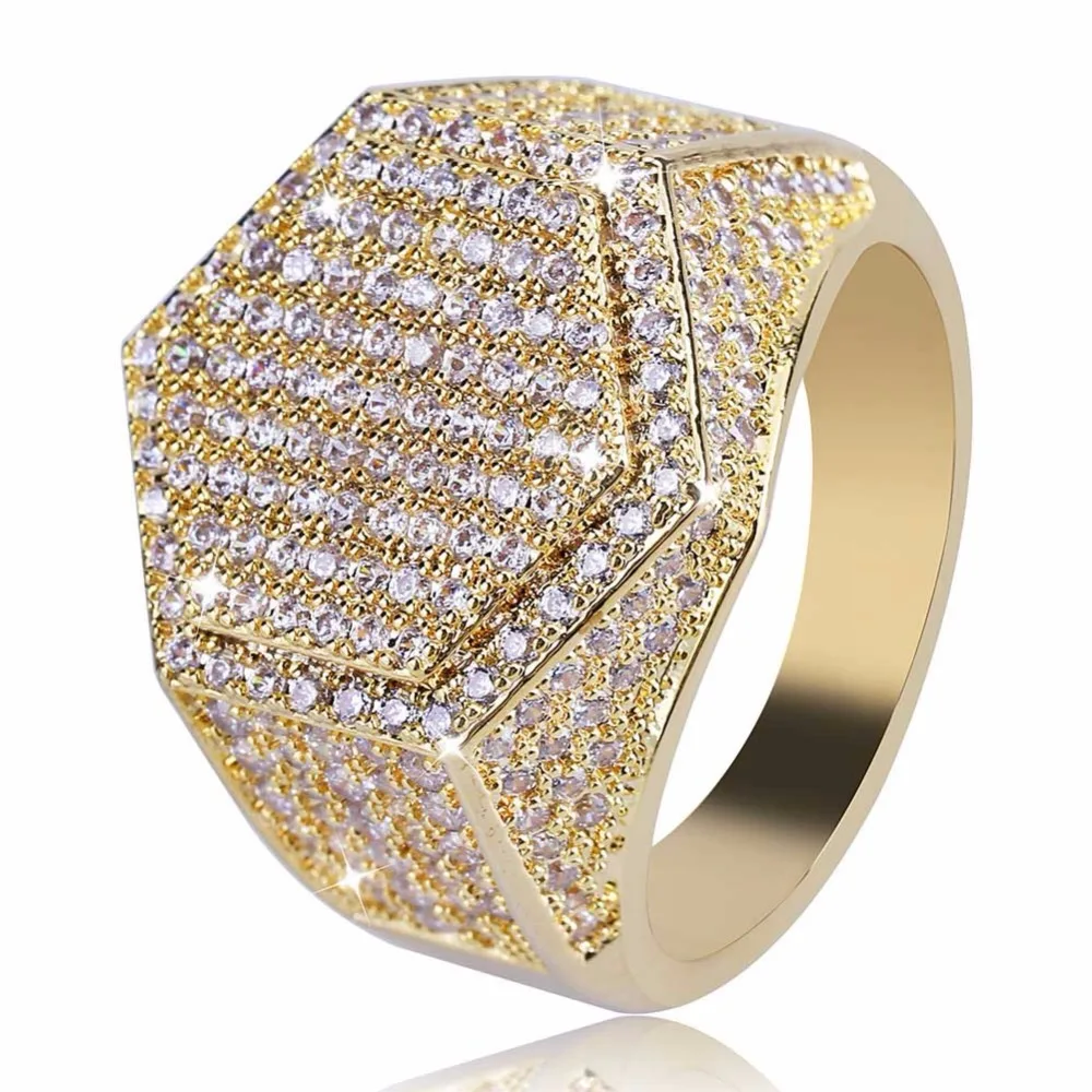 

Hip Hop Bling Ice Out AAA Cubic Zirconia Men Ring Gold Silver Color Geometric Hexagon Rings Male Jewelry
