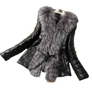 

2020 Winter Pu Leather patchwork Faux Fox Fur Coats Slim Outerwear Women Fur Jackets Plus Size 3XL