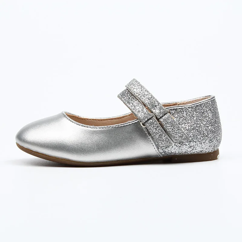 CMSOLO/Повседневная обувь принцессы; кожаные вечерние туфли на плоской резиновой подошве для танцев для девочек; Качественная детская обувь золотого и серебряного цвета; Размеры 26-30