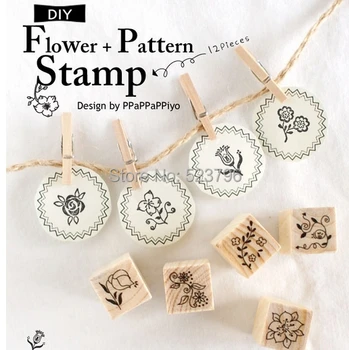 

Free shipping DIY Scrapbooking Vintage Wood Stamps wholesale Decoration Creative Flower and pattern Stamp Set Gift 12 pcs/lot