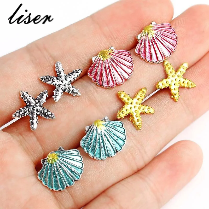 

4 pieces / set Vintage Starfish Shell Earring Set Shellhard Colorful Metal Sea Star Shell Stud Earrings