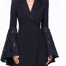 HEE GRAND/, зимние блейзеры размера плюс, 3XL, двубортный, зазубренный, кружевной, с расклешенными рукавами, Женский Тренч, черный, тонкий, куртка WWX466