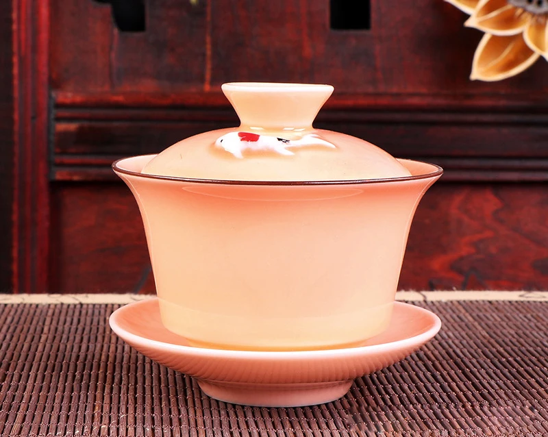 Китай Longquan цвет керамический гайвань чайный сервиз, мерная Золотая рыбка узор чайная чашка, фарфоровый чайник чайный набор для путешествий