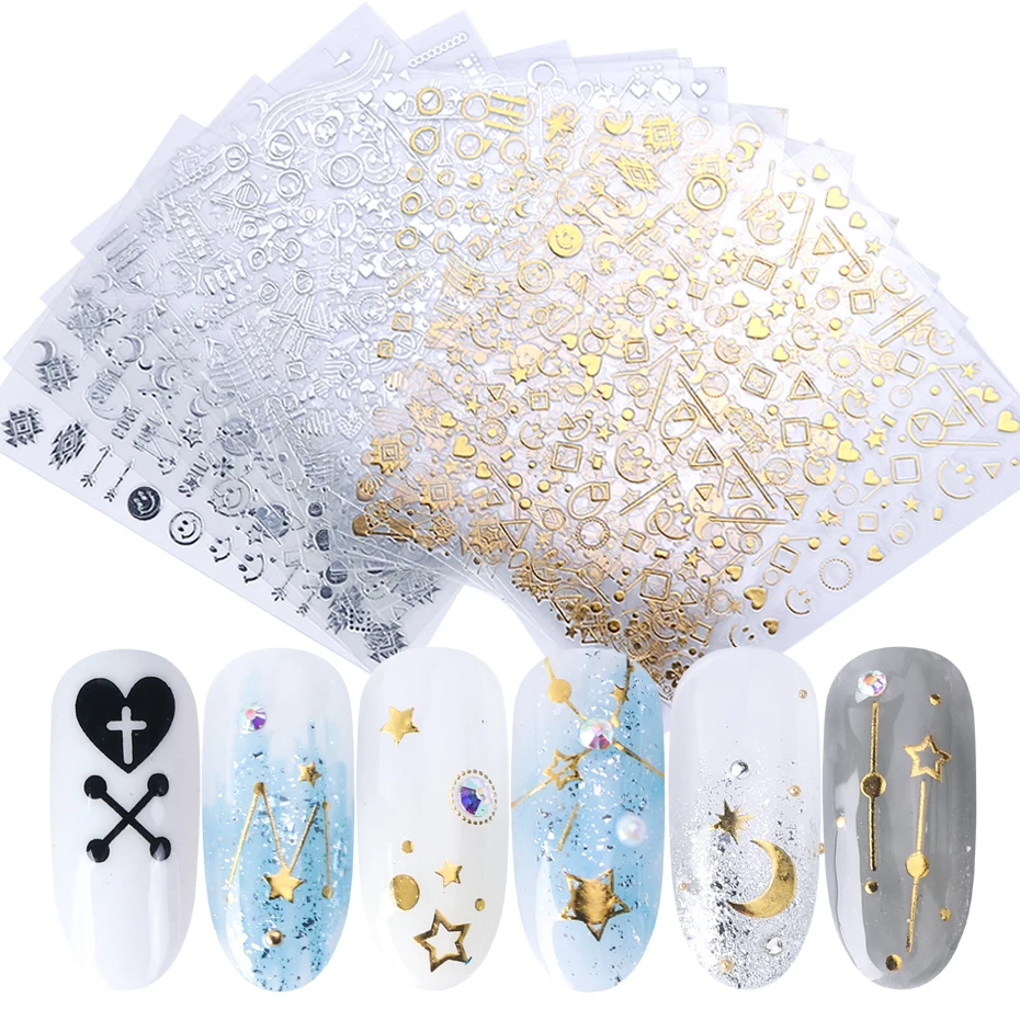 

8pcs 3D Nail Art Stickers Gold Sliver Mix Designs Sliders For Nail Decals Adhesive Manicure Nail Art Decorations SACB133-141-1