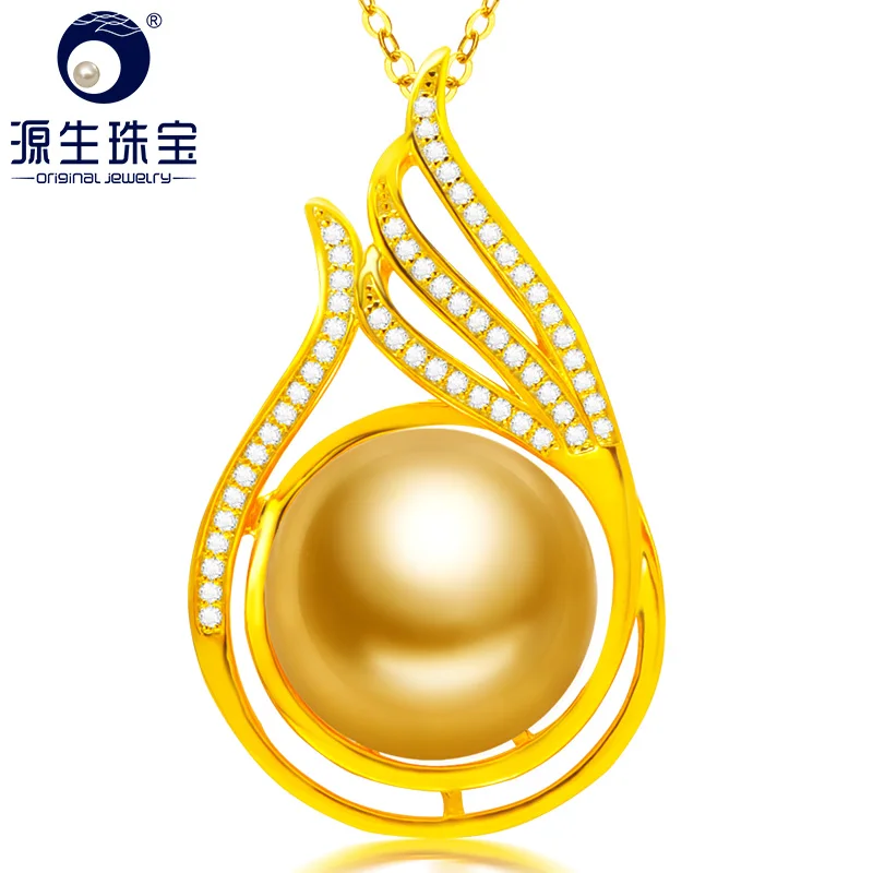

[YS] Charming Natural AAA 13-14mm Potato Round Golden South Sea Pearl Pendant Necklace for Women with 925 Silver Chain