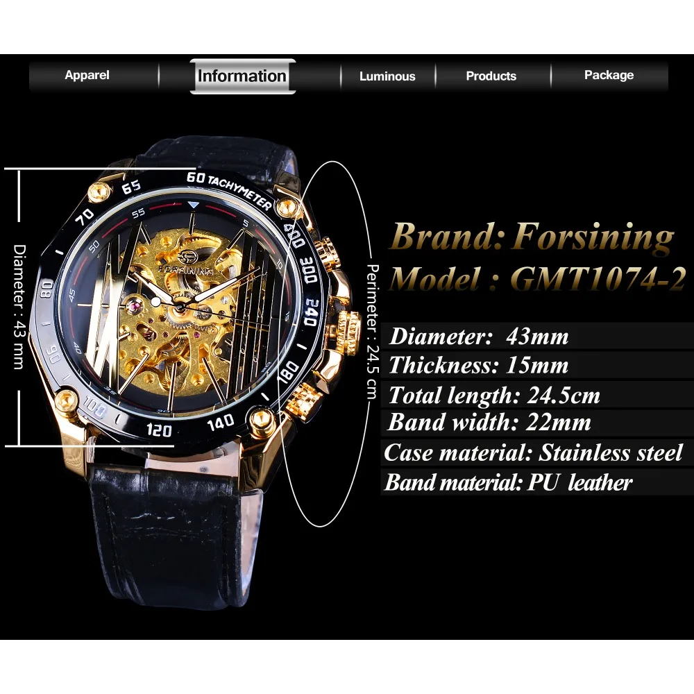 Forsining Big Dial Steampunk Design Luxury Golden Gear Movement Men Creative Openwork Watches Automatic Mechanical Wrist Watches