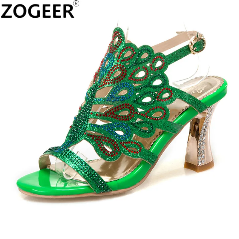 

New 2019 Summer Gladiator Women Sandals Fashion Sexy High Heels Luxury Rhinestone Gold Green Shoes Woman Flip Flops