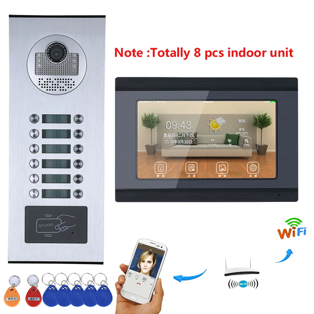 YobangSecurity 7\ RFID 8 Units WI-FI Wired Video Door Phone Door Bell+8 HD 1000TVL LCD Monitors Apartment Intercom