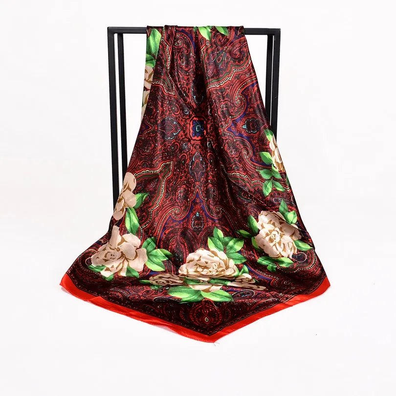 [BYSIFA] Китайские розы квадратные шарфы дизайн зимний женский шелковый шарф шаль весенний атласный шарф накидка темно-синий, розовый 90*90 см - Цвет: red peony