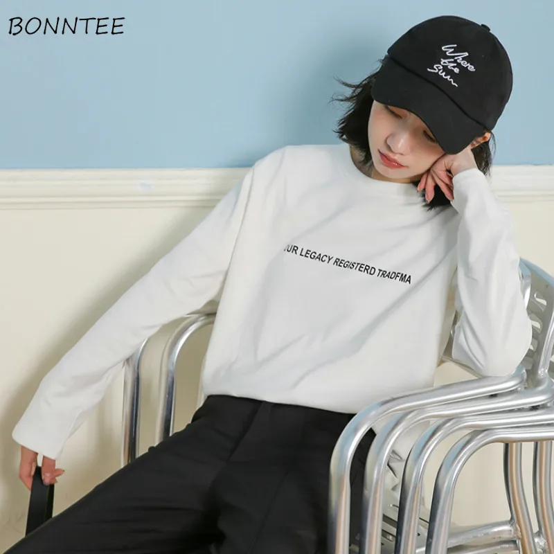 

T-shirts Women Long Sleeve Letter Korean Style High Quality Female All-match O-Neck Long Sleeve Womens Soft Harajuku Students
