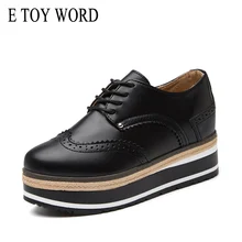 E TOY WORD Women Flat Platform Brogue Shoes Leather Lace up Pointed Toe Ladies Black White Oxford Creepers Casual Shoes Fashion women genuine leather flats brogue oxford white black platform shoes lace up pointed toe ladies casual shoes zapatos mujer